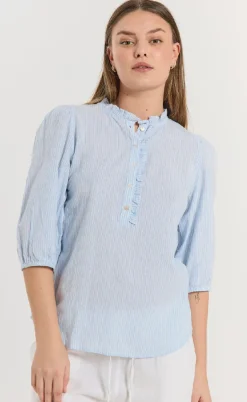 Freequent Bluse - Rolly - Chambray Blue w. Star Off-white