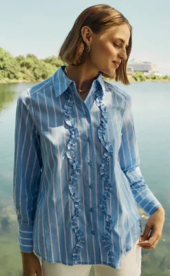 Freequent Skjorte - Sirana - Chambray Blue w. Star Off-white