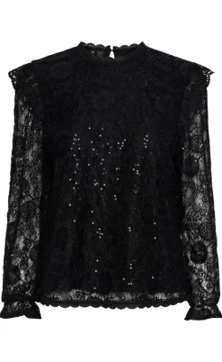 Pieces Top - Olline LS Lace Sequins - Black