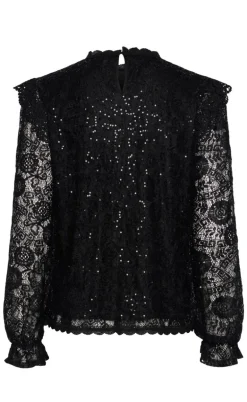 Pieces Top - Olline LS Lace Sequins - Black