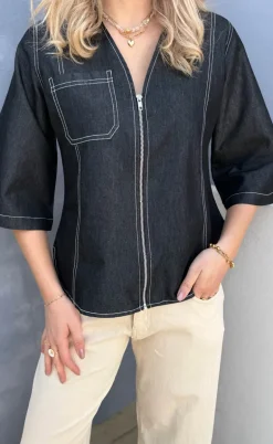 Say INA Copenhagen Bluse - Zenia Zipper - Black Denim