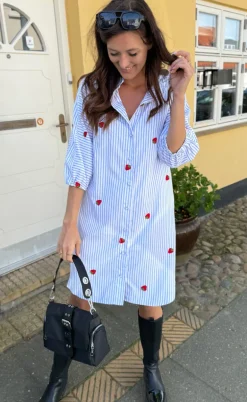 Say INA Copenhagen Kjole - Selma - Blue Striped W. Strawberries