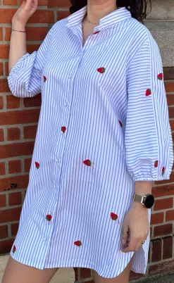 Say INA Copenhagen Kjole - Selma - Blue Striped W. Strawberries