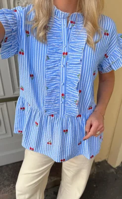 Say INA Copenhagen Top - Freya - Blue Striped W. Cherries