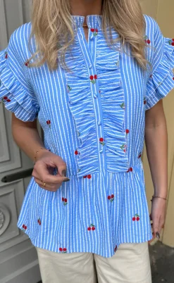 Say INA Copenhagen Top - Freya - Blue Striped W. Cherries