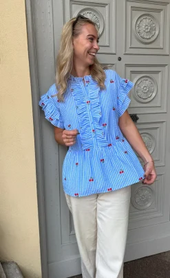 Say INA Copenhagen Top - Freya - Blue Striped W. Cherries