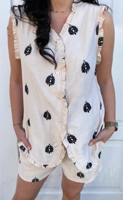 Say INA Copenhagen Top - Melania - Beige w. Black Embroidery