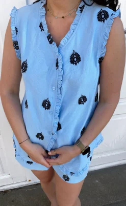 Say INA Copenhagen Top - Melania - Blue w. Black Embroidery