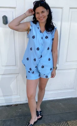 Say INA Copenhagen Top - Melania - Blue w. Black Embroidery