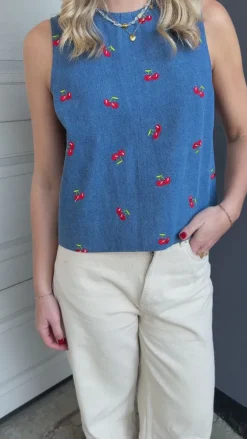 Say INA Copenhagen Top - Naja - Denim Blue w. Cherries